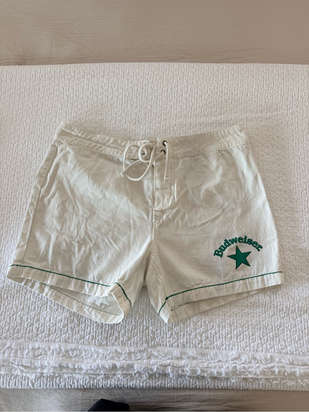 Budweiser White Men’s Drawstring Shorts with Green Star